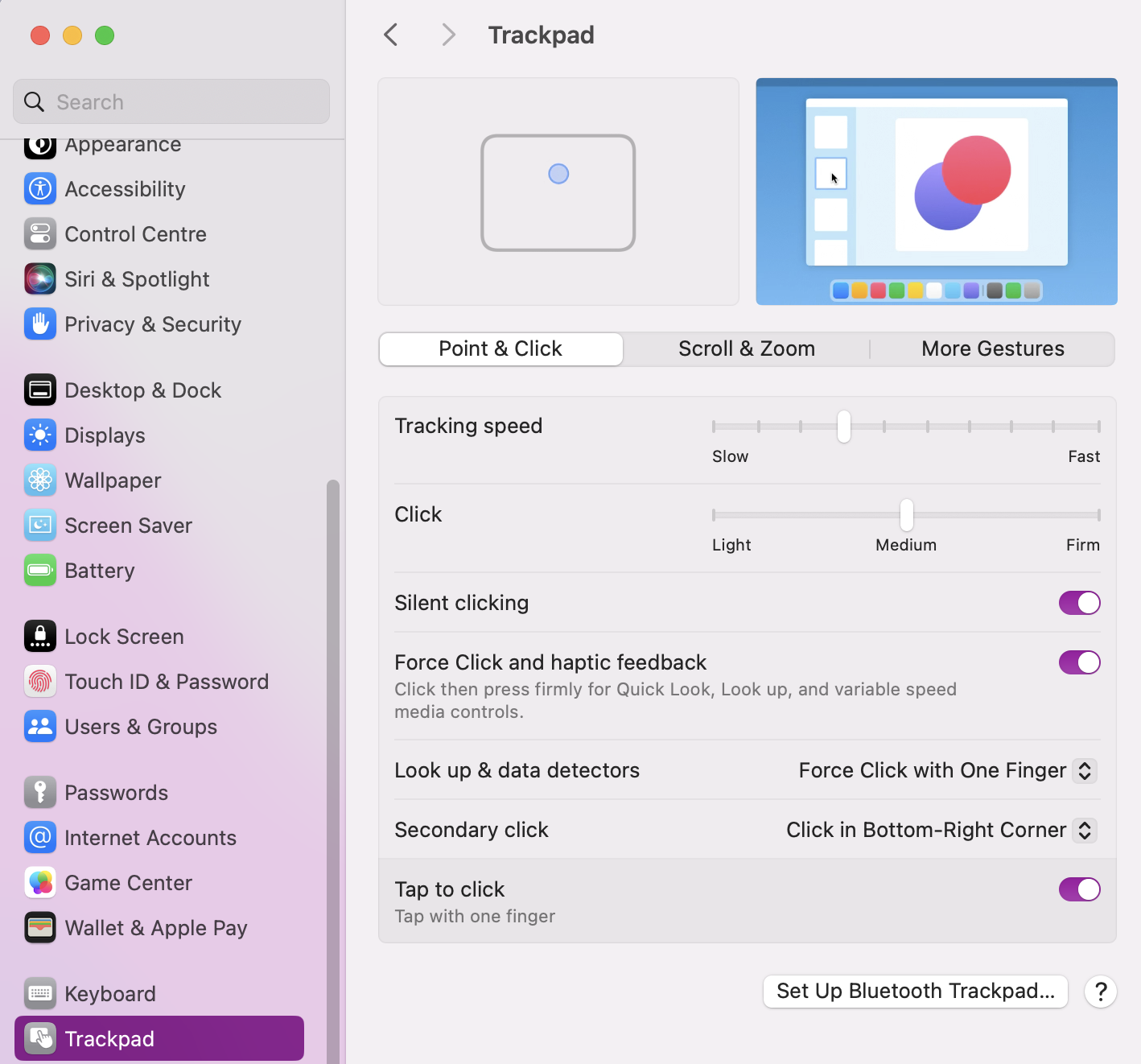 To check your trackpad settings, goen your System Settings and scroll down to the Trackpad tab. Then review if you have clicker enabled in Point & Click settings.