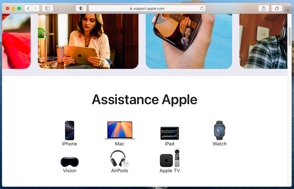 Page Assistance Apple sur Safari