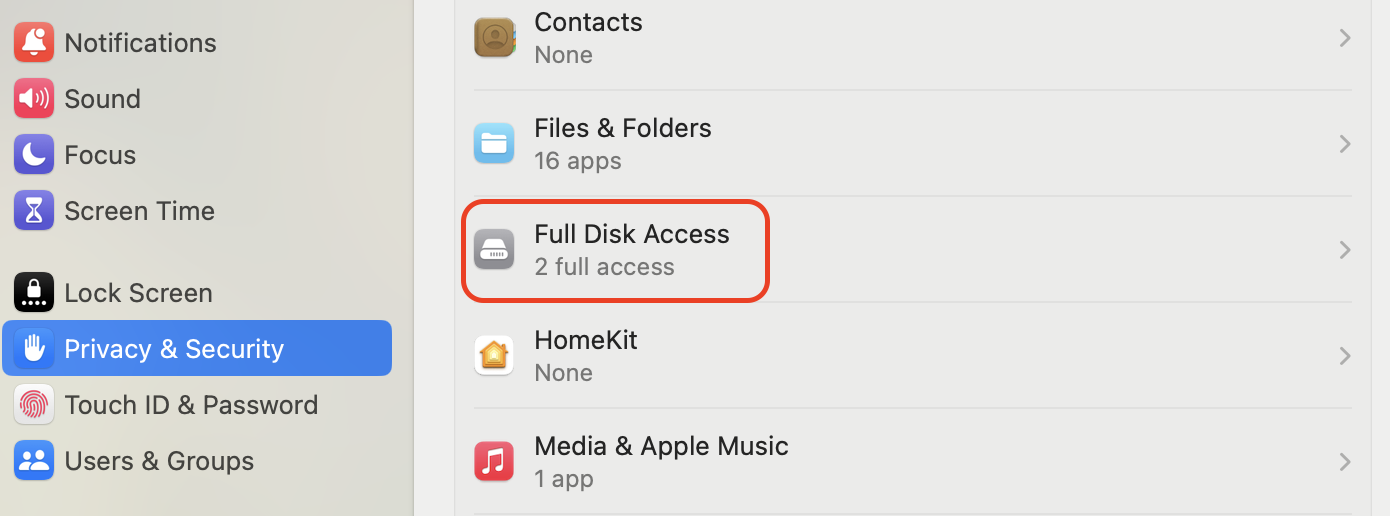 Open System Settings on your Mac, go to Privacy & Security > Full Disk Access, and review which antivirus apps still hold scanning permissions.