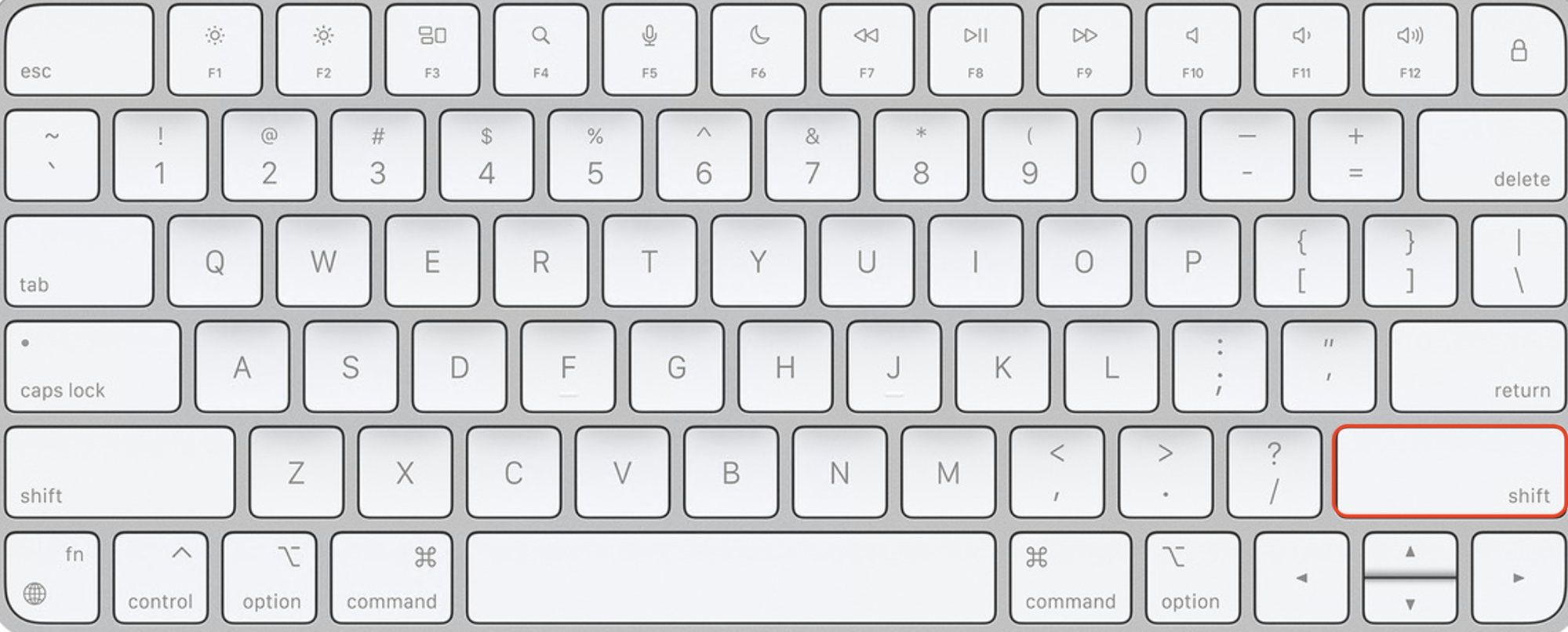 La tastiera del Mac mostra i tasti da premere per reimpostare l’SMC su un MacBook Intel con chip T2. Per iniziare, tieni premuti i tasti Control + Opzione sul lato sinistro, poi premi il tasto Maiuscole sul lato destro della tastiera.