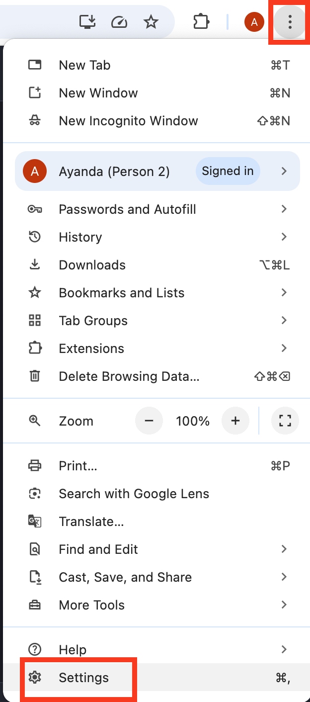The Chrome settings menu is opened on a Mac. To reset Chrome, click on the three-dot menu and select the Settings option further down.