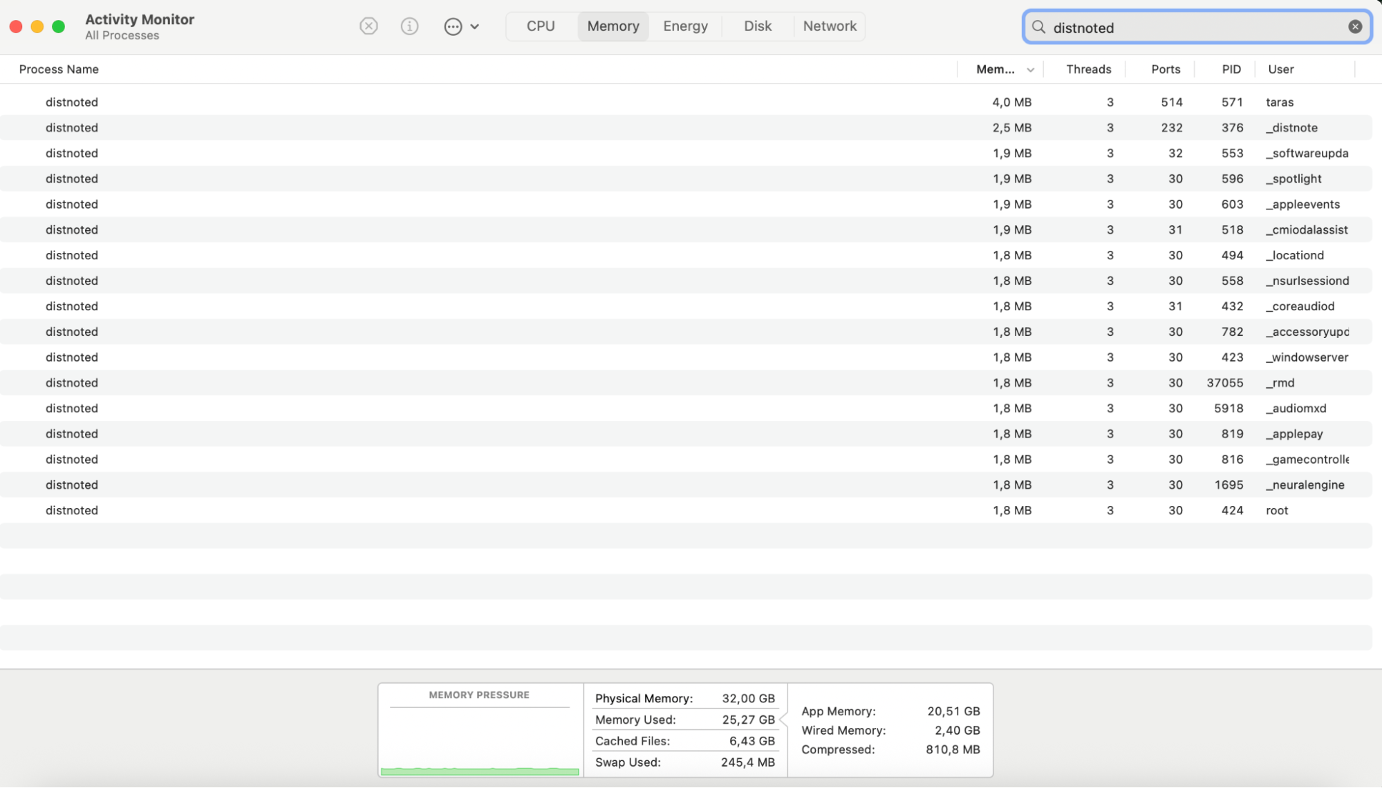 In the Activity Monitor search field at the top right, type distnoted to filter the list and locate the specific process consuming your resources.