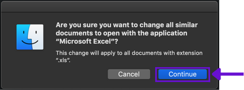 The final step in making Excel your default app on Mac is to click Continue to confirm the changes for all files with the same extensions.