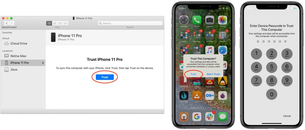 When your iPhone is connected to your Mac, confirm that you trust this computer and allow your iPhone to back up to your Mac running Catalina,  by clicking the Trust button in the middle of the screen on both devices, then enter your iPhone passcode.
