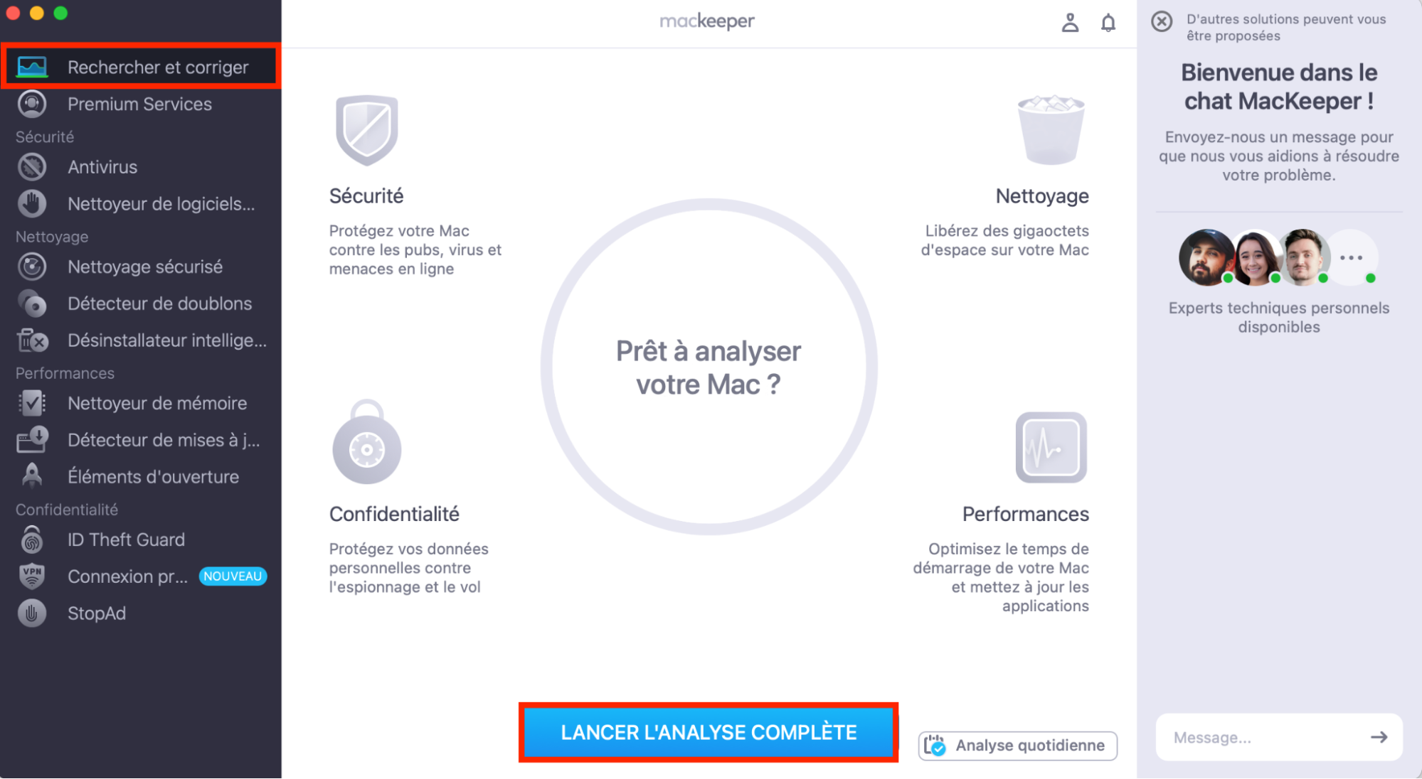 Vous pouvez rétablir les icônes du bureau sur votre Mac avec l’outil Rechercher et corriger de MacKeeper. Pour ce faire, ouvrez MacKeeper sur votre Mac et sélectionnez Rechercher et corriger dans la barre latérale. Cliquez ensuite sur le bouton bleu « Lancer l’analyse complète », situé au bas de l’écran.