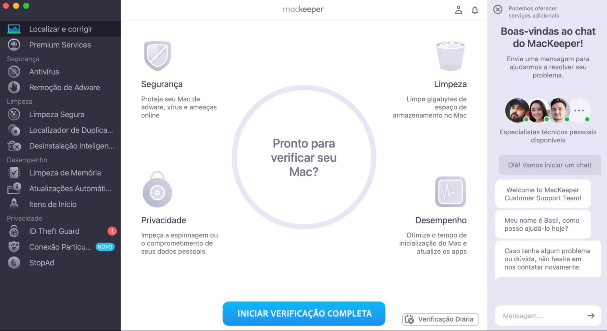 Para descobrir por que a câmera do Mac não funciona, use a ferramenta Localizar e Corrigir do MacKeeper. Abra o MacKeeper, selecione Localizar e Corrigir no menu esquerdo e clique em Iniciar Verificação Completa.