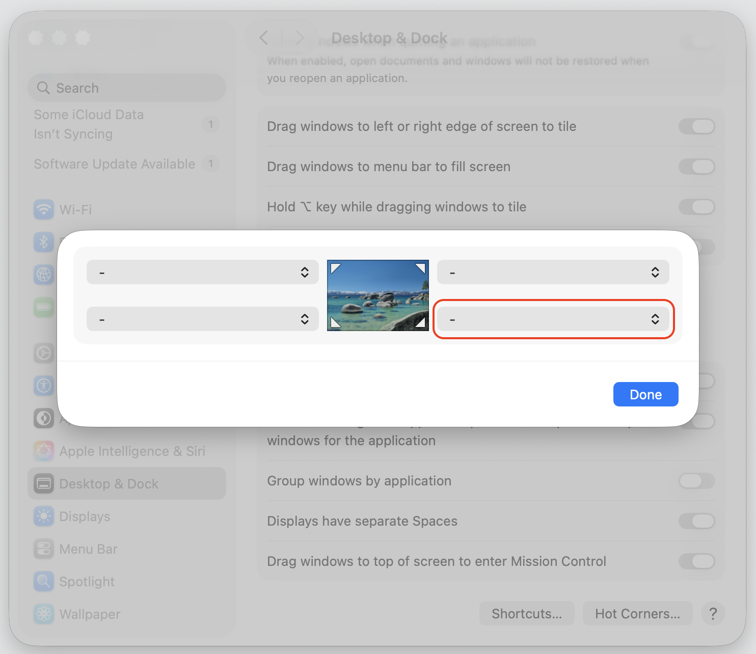 The Hot Corners dialog in macOS Tahoe with a corner dropdown highlighted to pick which screen corner opens apps on a Mac.