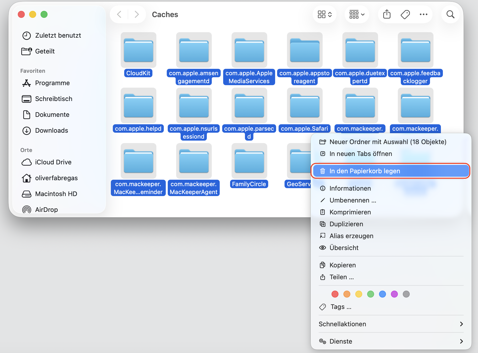 Sobald Sie sich im Cache-Ordner auf dem Mac mit Monterey befinden, können Sie alles markieren, was Sie löschen möchten. Sie können Befehl + A auf Ihrer Tastatur drücken oder alles in den Papierkorb ziehen und ablegen.