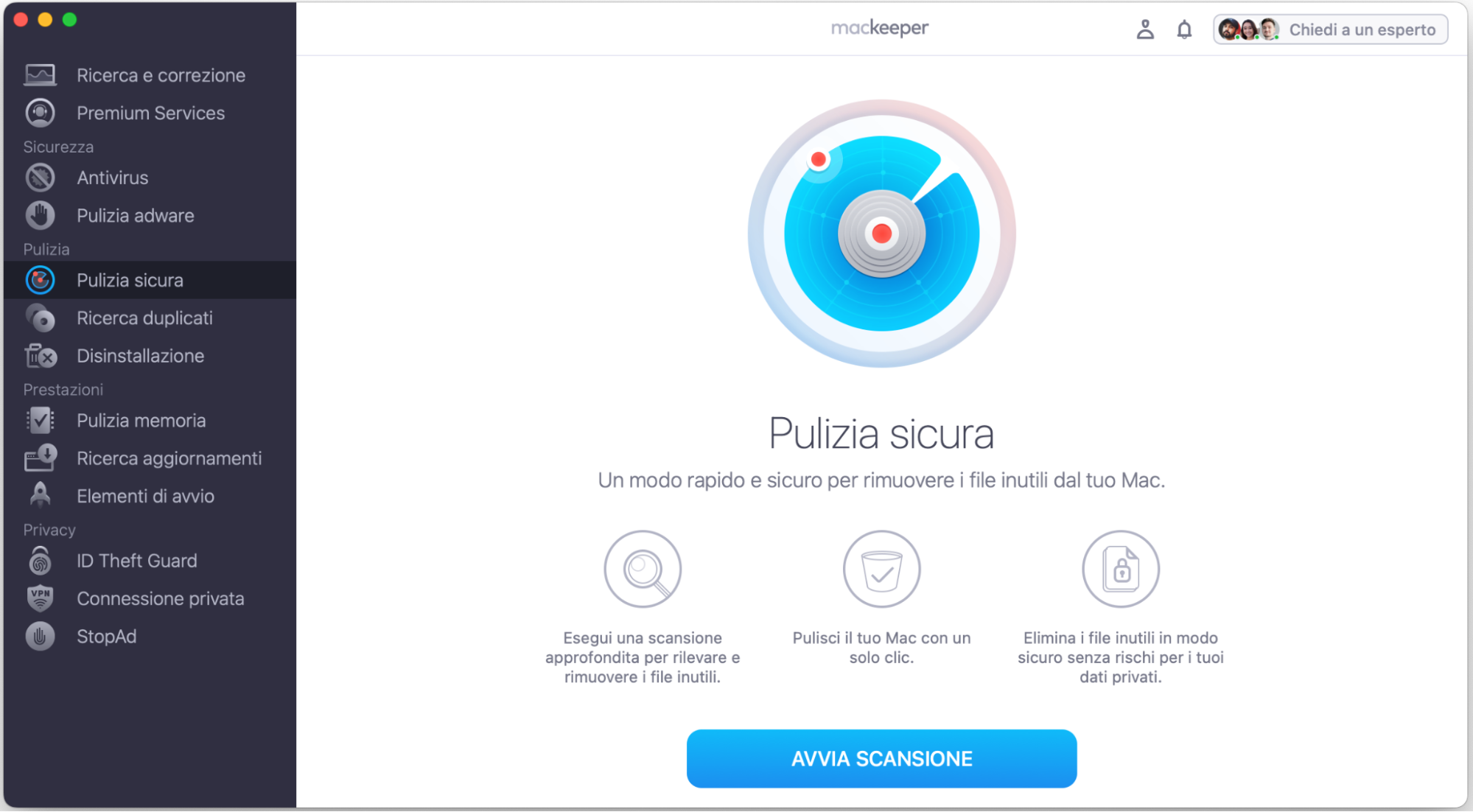 Per svuotare il cestino Mac usando Pulizia Sicura di MacKeeper, avvia l’app e seleziona Pulizia Sicura dal menu a sinistra. Clicca il pulsante Avvia scansione.