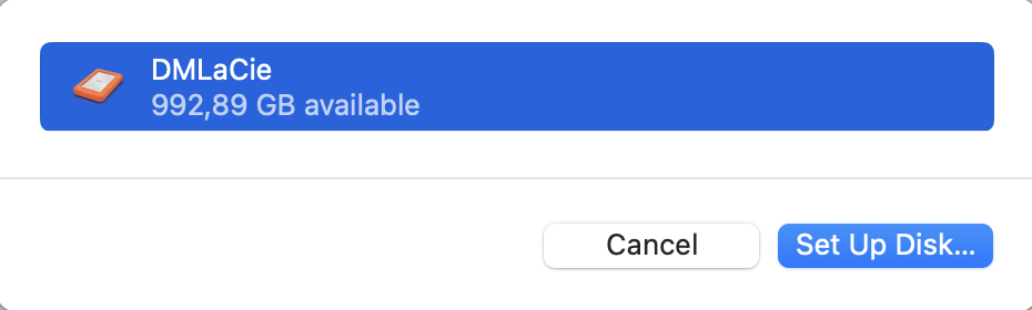 To back up a hard drive to Time Machine, pick the chosen external HDD you wish to use. Then, select the Set Up Disk button.
