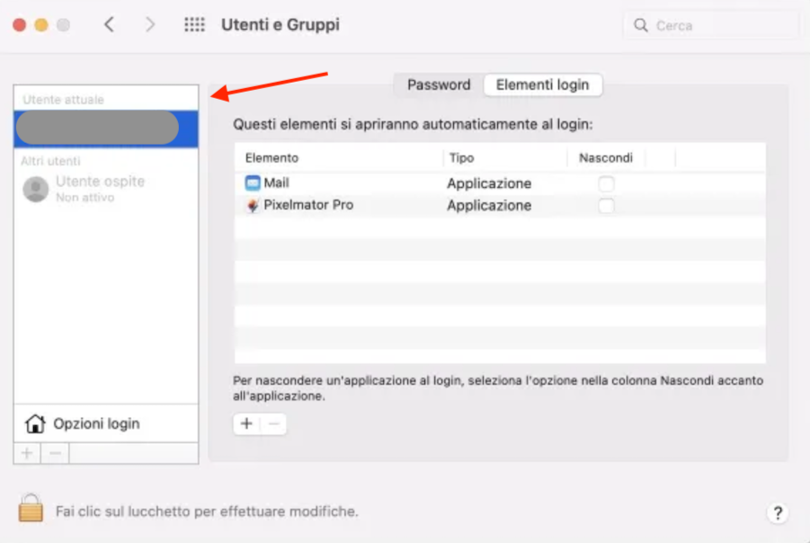 Nel pannello a sinistra della finestra Utenti e Gruppi puoi vedere l’elenco degli utenti che hanno accesso a questi dispositivi Apple — sia quelli attuali che ospiti. Seleziona l’utente attuale per apportare ulteriori modifiche.