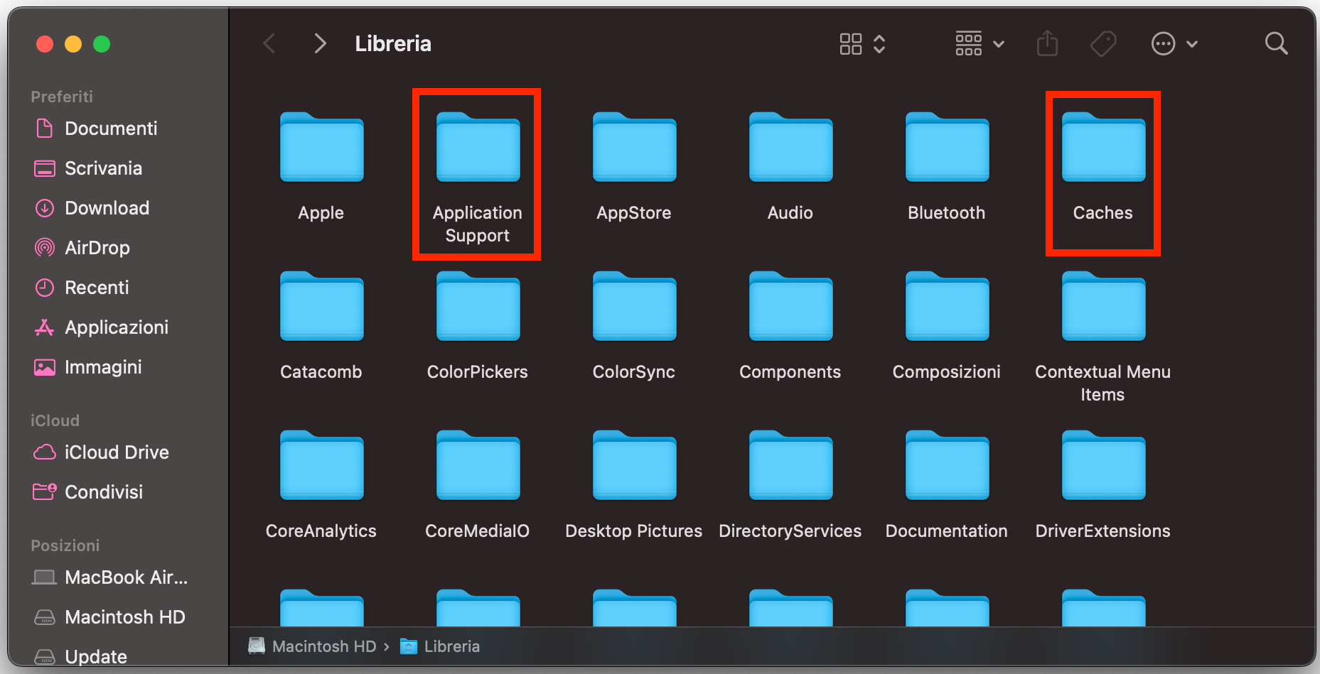 Cartella Libreria nel Finder su Mac: qui puoi trovare i residui dei software ed eliminarli se non ti servono più.