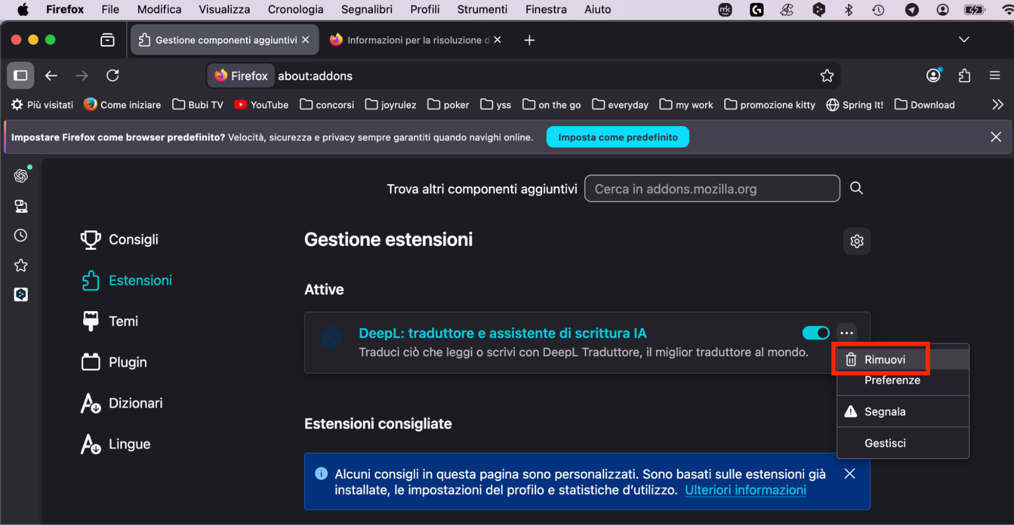La schermata Estensioni di Firefox, con il menu aperto per un’estensione. Come rimuovere le estensioni, come parte di una guida su come bloccare i falsi pop-up McAfee su Mac.