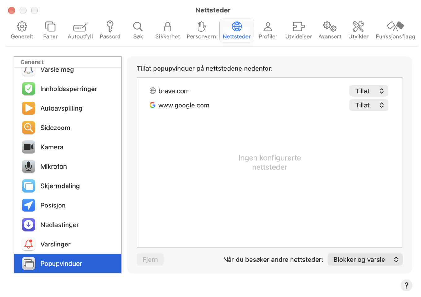 Velg Nettsteder > popupvinduer i Safari-innstillingene. Her kan du se hvilke popupvinduer som for øyeblikket er blokkert eller tillatt.