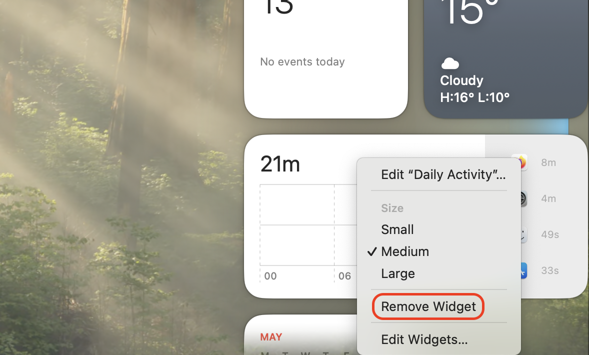 Right-click the widget on your macOS Tahoe desktop and choose Remove Widget from the dropdown menu to delete that specific panel from your screen.