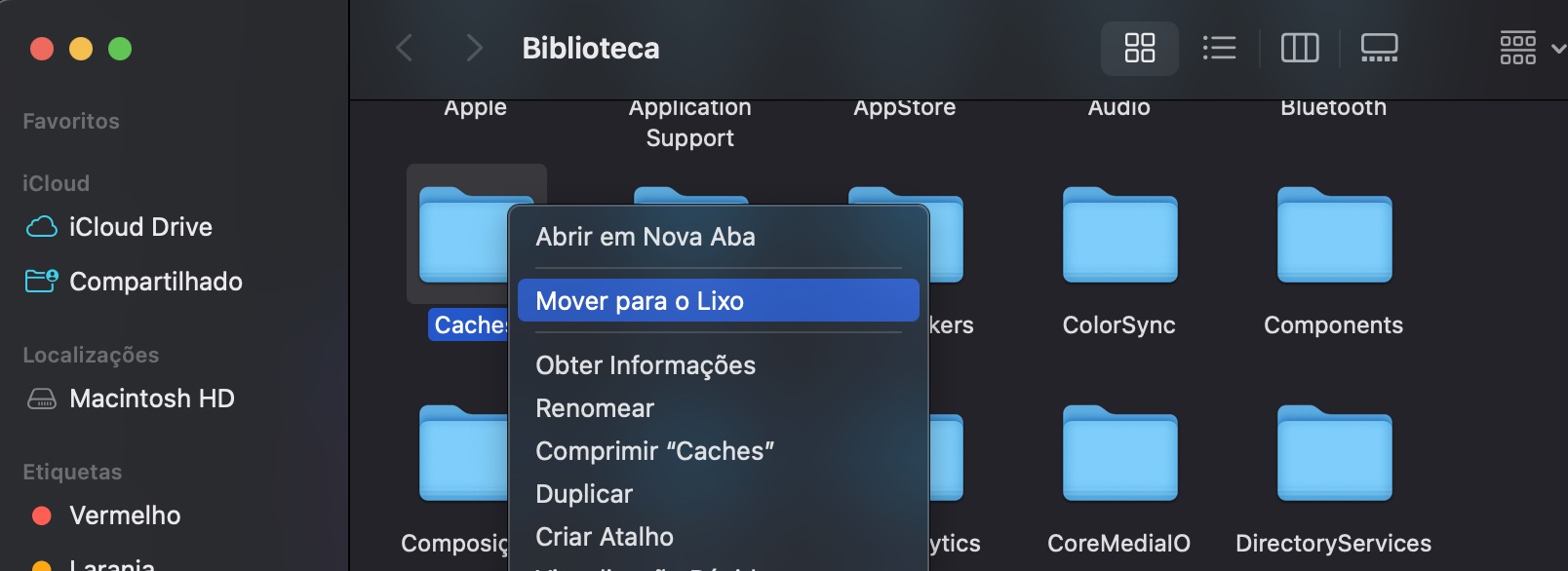 Para limpar a sua Biblioteca e outras pastas do sistema em um Mac, selecione os itens que você não precisa mais, clique com o botão direito neles e escolha Mover para o Lixo.