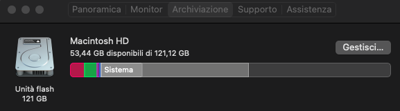 Potrebbe anche essere necessario verificare che il MacBook disponga di spazio su disco sufficiente per non incorrere in problemi successivi durante l'installazione dell'ultima versione di macOS. Andate in Preferenze di sistema > Generali > Archiviazione per verificare lo spazio disponibile su disco.