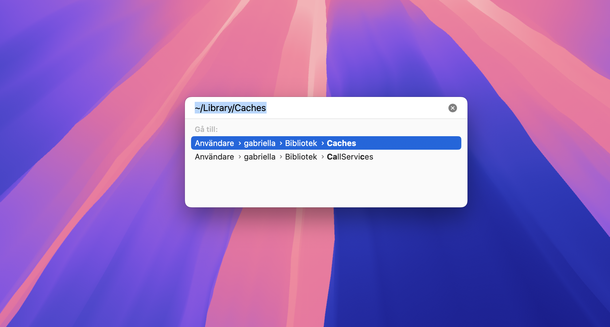 Ange ~/Library/Caches i textrutan och tryck på Retur. Detta tar dig till mappen Caches, där du kan rensa cache på din Mac.