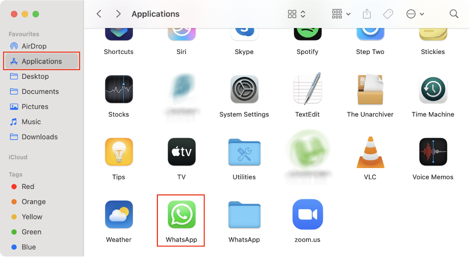 To remove WhatApp from Mac, open Finder, go to Applications, and find the WhatsApp app.