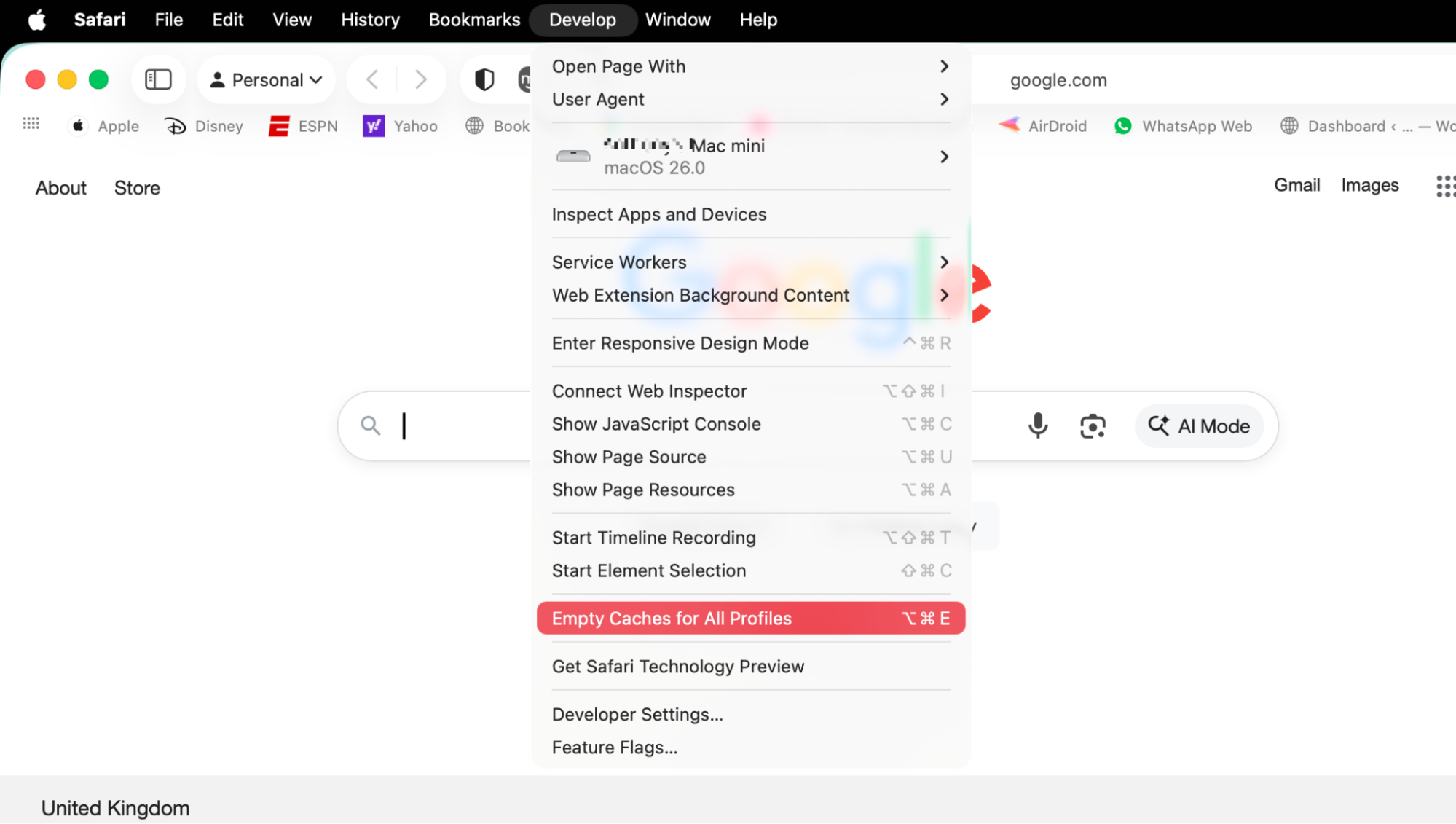 With the developer menu enabled in Safari, select Develop > Empty Caches for All Profiles from the menu bar. This will immediately delete Safari's cached data.