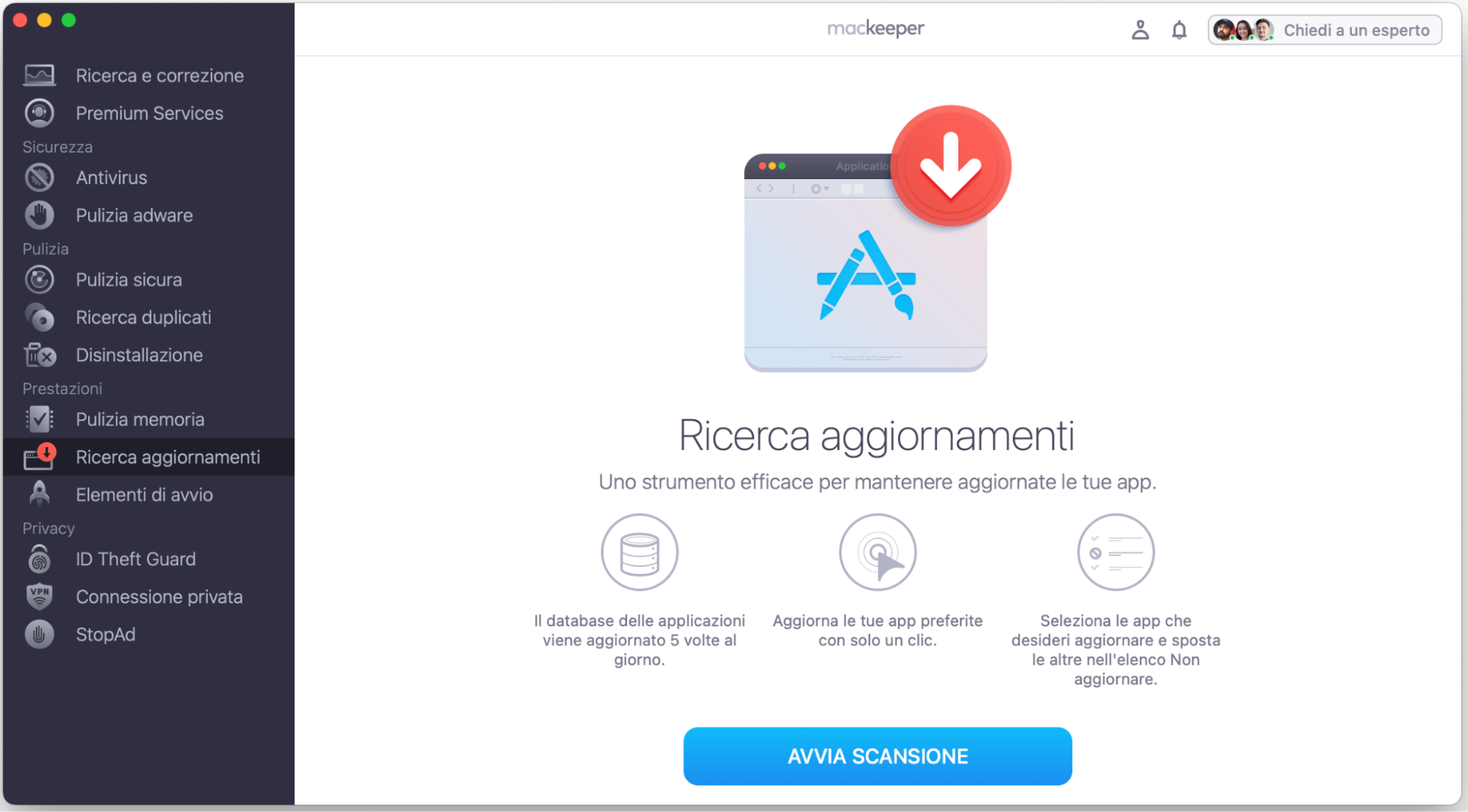 Con Ricerca Aggiornamenti di MacKeeper puoi analizzare il sistema alla ricerca delle applicazioni da aggiornare. Poi puoi aggiornarle tutte in un colpo solo.