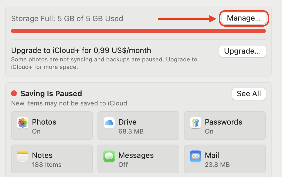 Open System Settings, go to Apple ID, then iCloud, and click Manage next to storage to review usage and free up space for photo syncing.