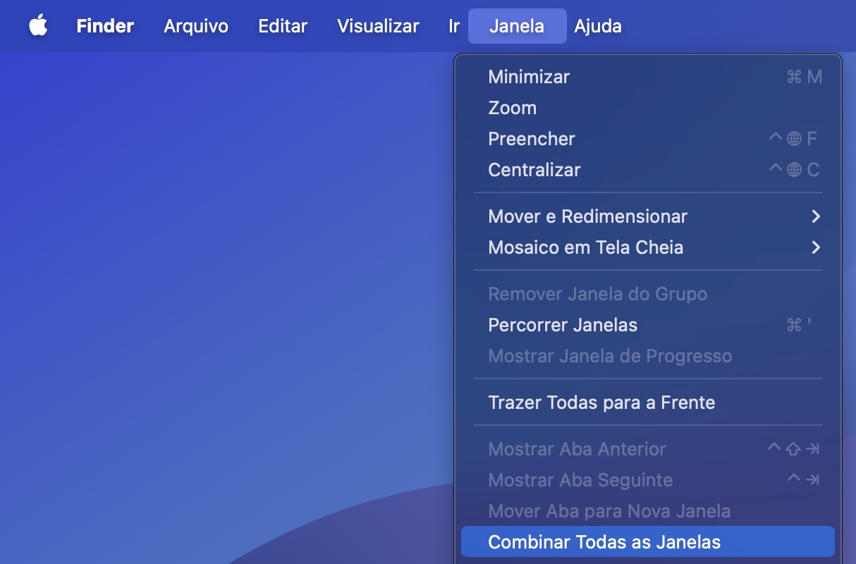 Libere RAM no Mac minimizando o uso do Finder. Vá até Janela na barra de ferramentas superior e selecione Combinar Todas as Janelas. Depois, feche as abas que não precisar.