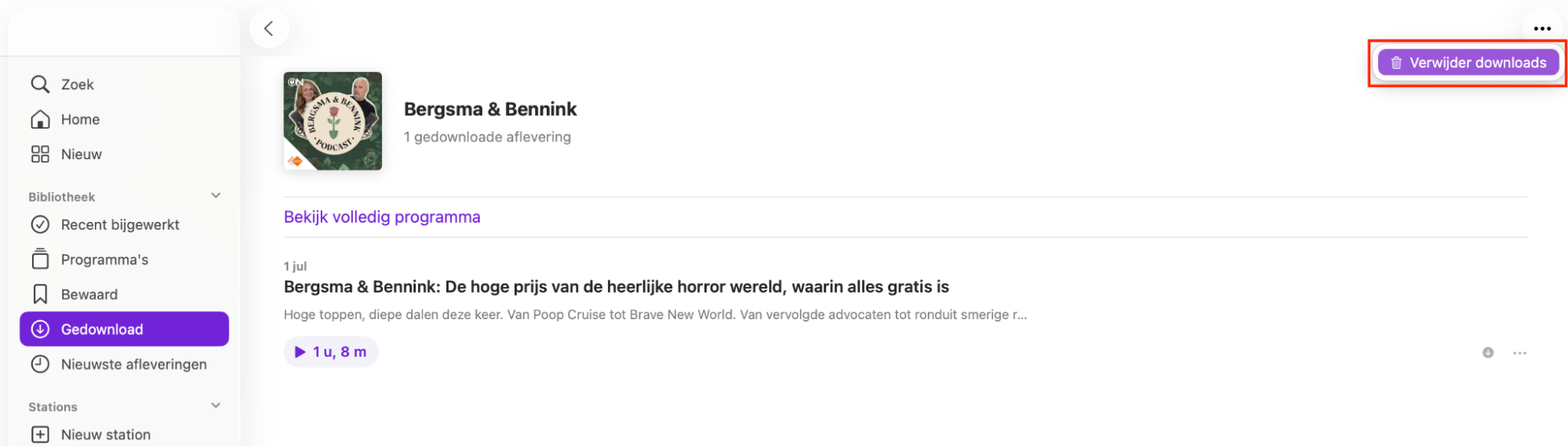 De sectie Gedownload in de Podcasts-app op de Mac. Verwijder oude podcasts die je niet meer nodig hebt om schijfruimte vrij te maken op je Mac.