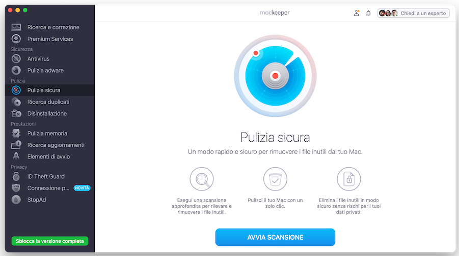 Per utilizzare la Pulizia Sicura di MacKeeper e liberare spazio sul disco del Mac, scarica prima l’app. Una volta installata, clicca sulla funzione Pulizia Sicura dal menu a sinistra. Poi premi su Avvia scansione.