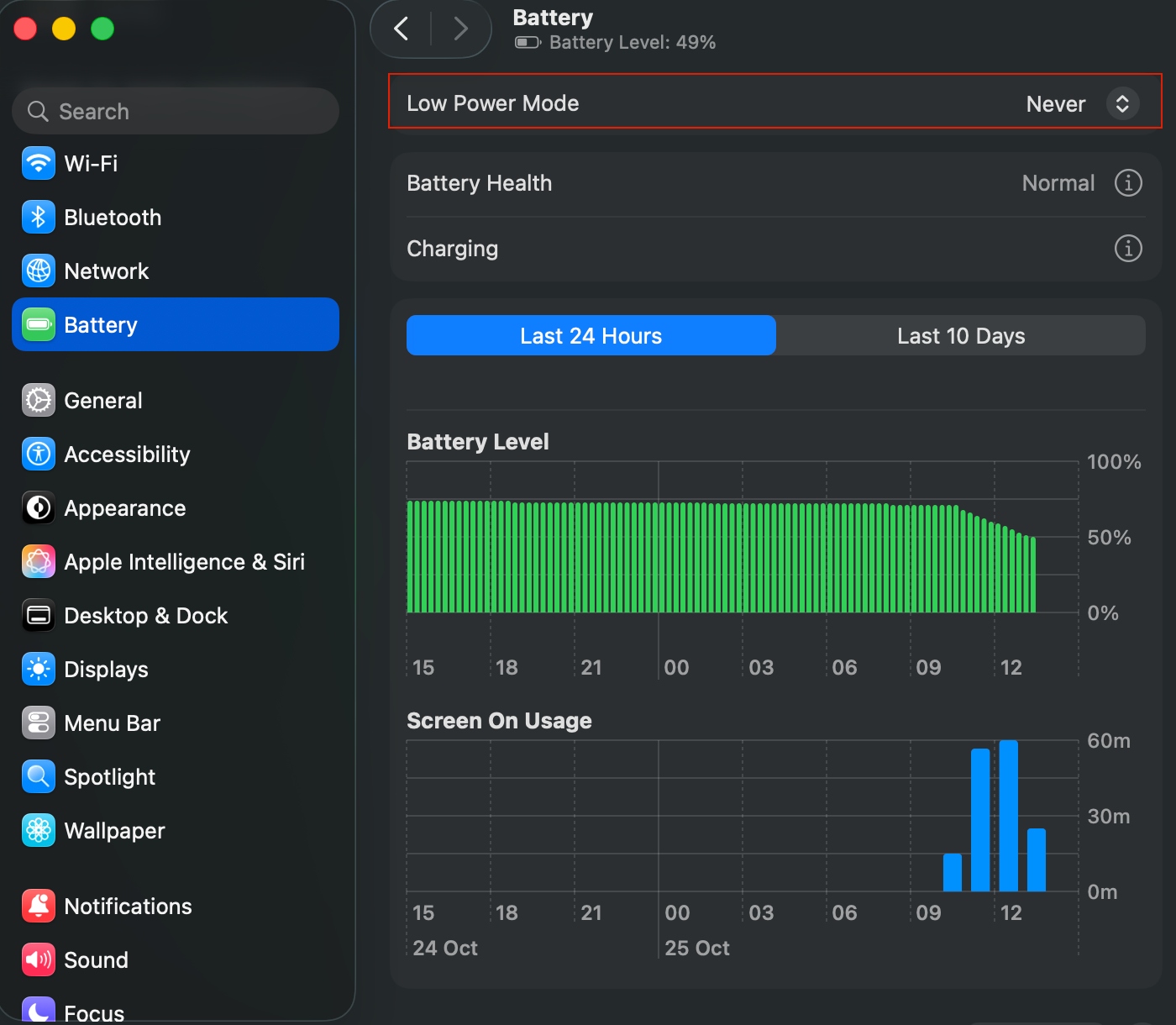 Battery settings are shown on a Mac screen. For Low Power Mode, select Never via the drop-down menu to fix widgets not working.