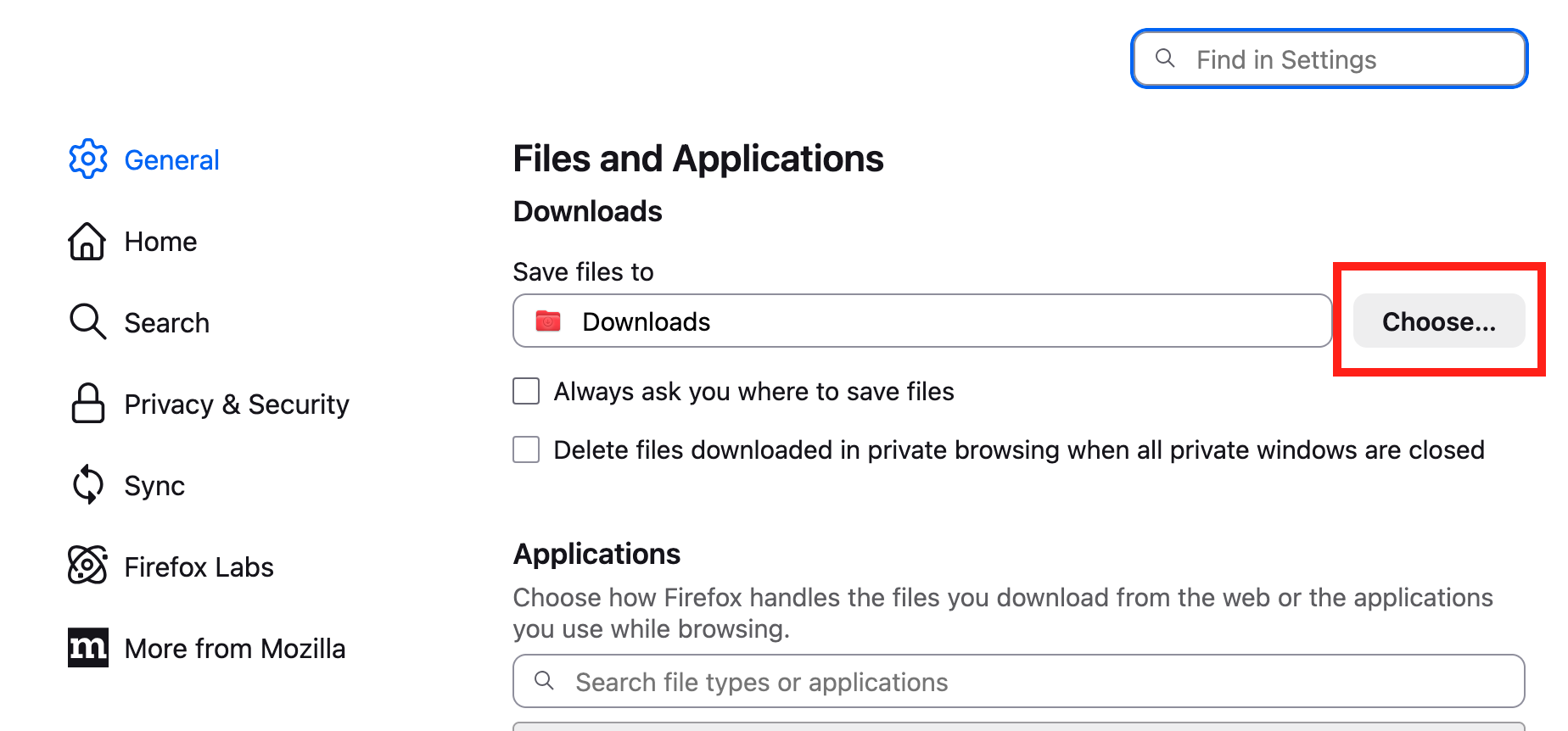 In your Firefox settings, open the 'General' section using the menu on the left, then scroll down to 'Files and Applications', and click the 'Choose' button.