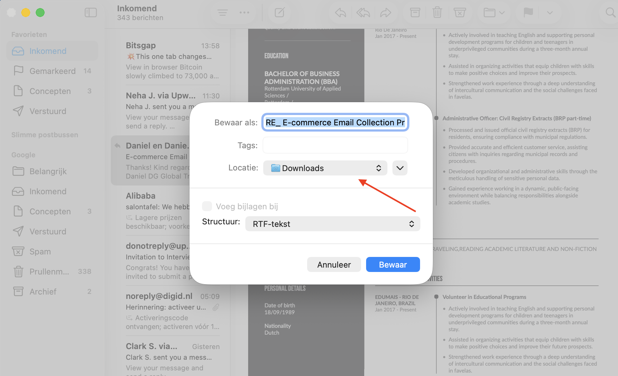 Mail op Mac met een e-mail en een bijgevoegd bestand. Om gegevens van Mac naar Mac te verplaatsen via e-mail, klik je met de rechtermuisknop op het bestand en kies je Bewaar in Downloads om het op te slaan.