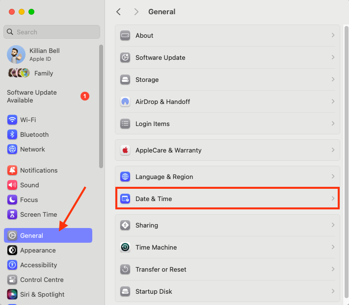 The Date & Time menu in System Settings on Mac. Go here to adjust your date and time preferences whenever you see that set date and time automatically on Mac is not working.