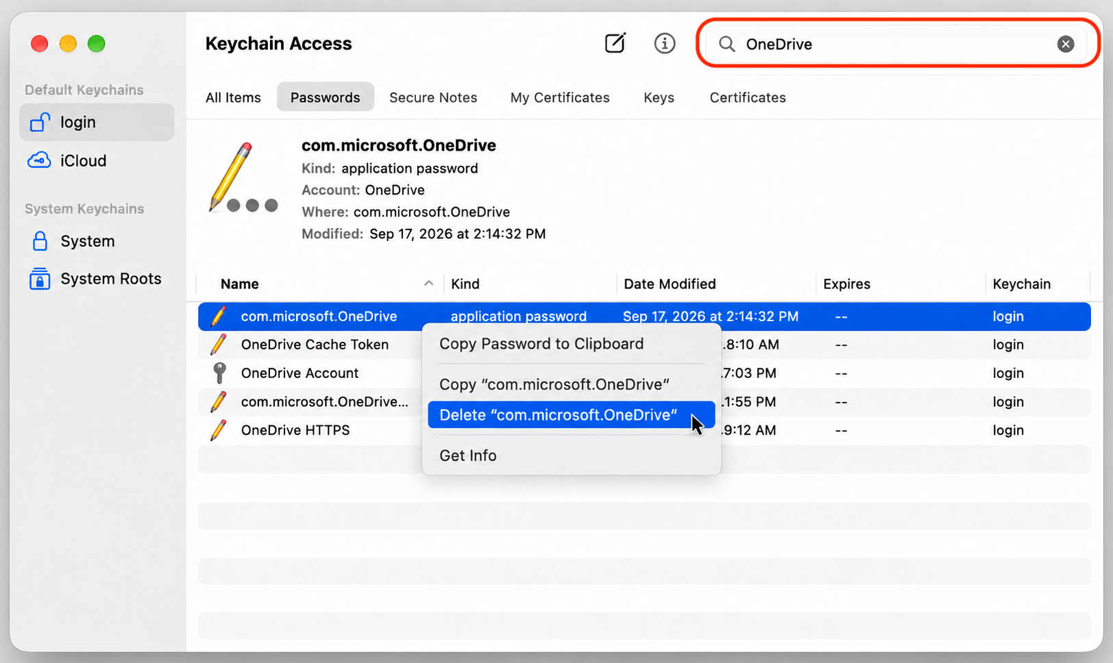 Keychain Access on macOS with OneDrive typed in the search field and the Delete option shown to clear old login items for the damaged app.