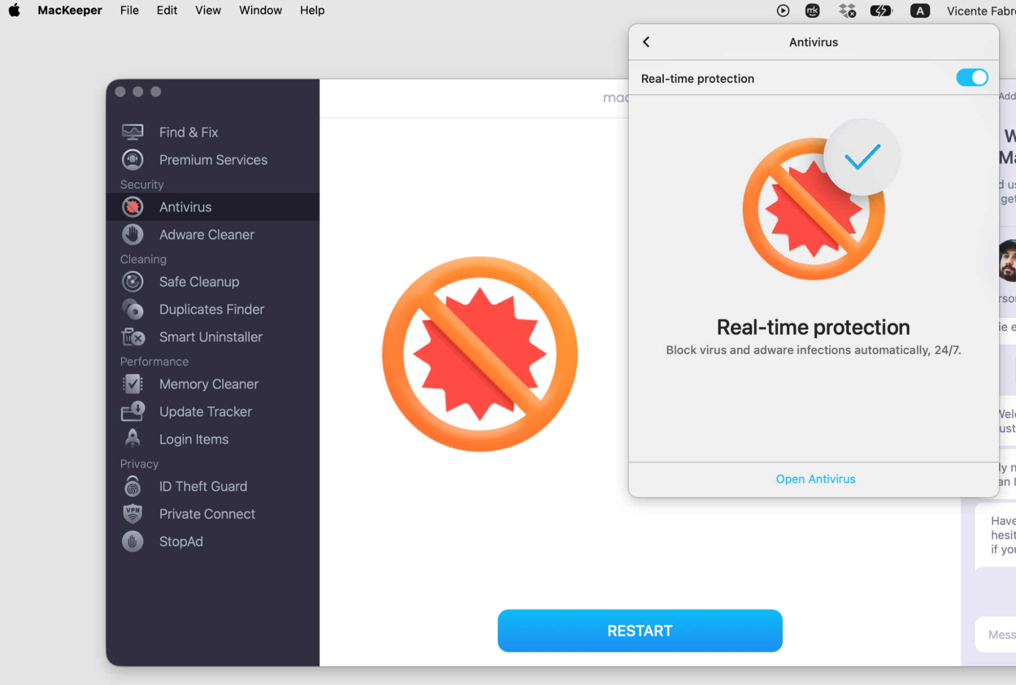 MacKeeper's Antivirus on a MacBook shows the Real-time protection panel to safeguard the Mac computer on a deeper level in one click.