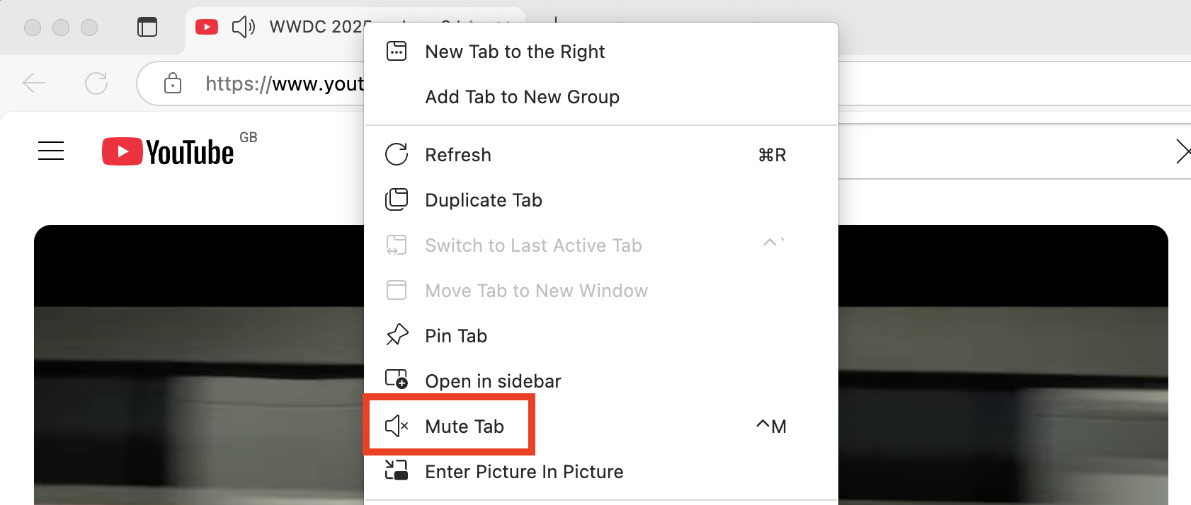 The contextual menu that appears after right-clicking a tab in Microsoft Edge on Mac. Select the Mute Tab option to silence a website.