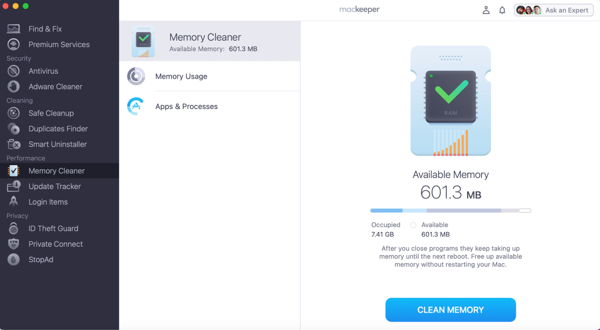 Let MacKeeper’s Memory Cleaner scan your device and check the Memory Usage and Apps & Processes running on your device. To free up RAM, press the Clean Memory button.