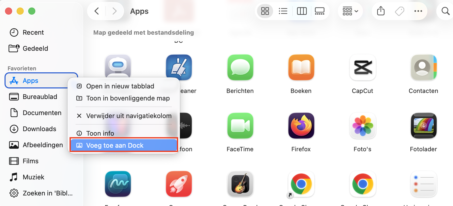De map Apps in Finder op de Mac. Als je de map Apps wilt toevoegen aan je Dock omdat je niet altijd weet waar je hem kunt vinden, klik dan met de rechtermuisknop op de map in de Finder-zijbalk en selecteer Toevoegen aan Dock.