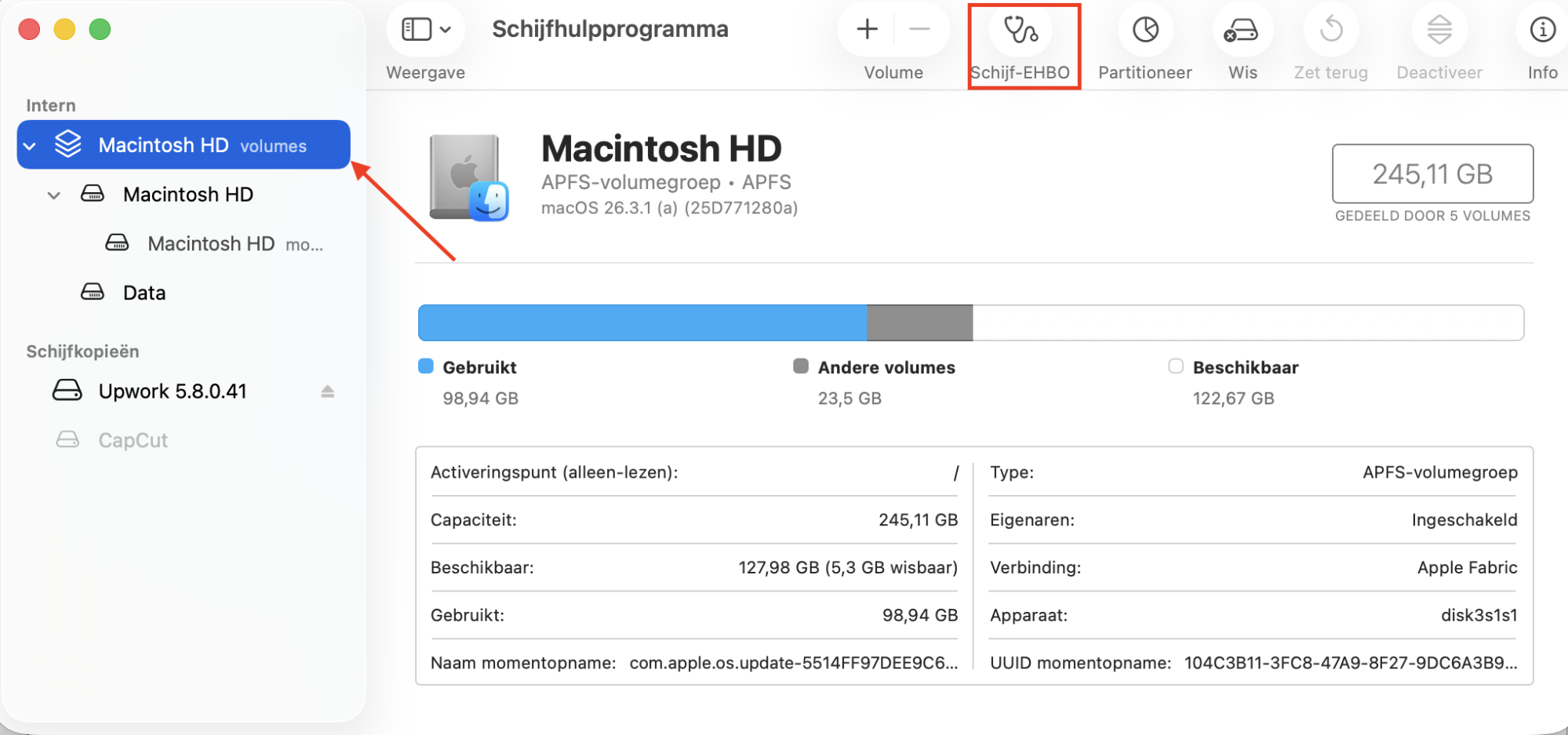 De functie Eerste Hulp in Schijfhulpprogramma op Mac. Voer Eerste Hulp uit op je schijf om potentieel corrupte bestanden te repareren wanneer je ze niet kunt openen.