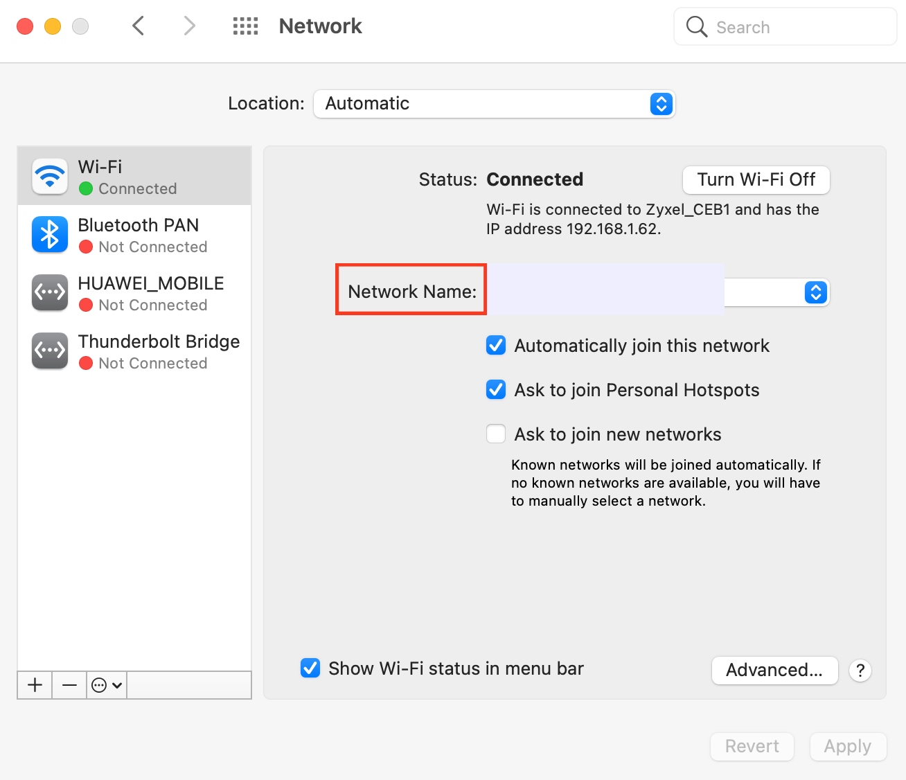 Network settings are opened on a Mac computer. Choose the network you want to modify in the Network Name section on the screen. Network settings are opened on a Mac computer. Choose the network you want to modify in the Network Name section on the screen.
