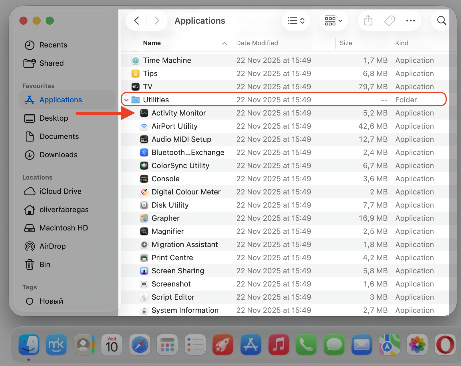 Finder's Utilities folder on an Apple laptop with Activity Monitor selected, the first step to reset the pboard clipboard process on Mac.