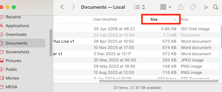 In Finder's List view, you'll be able to sort your Documents folder by various qualities. In this case, you'll want to click the 'Size' option at the top of the columns.