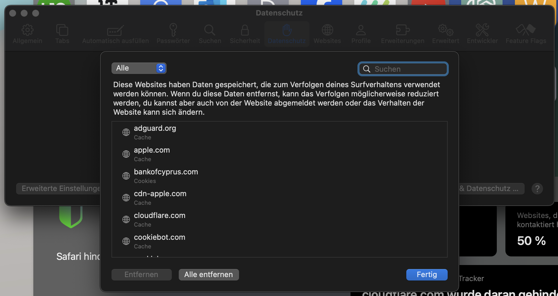 Wählen Sie im letzten Schritt dieses Vorgangs entweder Alle zwischengespeicherten Daten entfernen oder bestimmte Webseiten für die gezielte Löschung auswählen, um den Cache von Safari auf dem Mac zu löschen.
