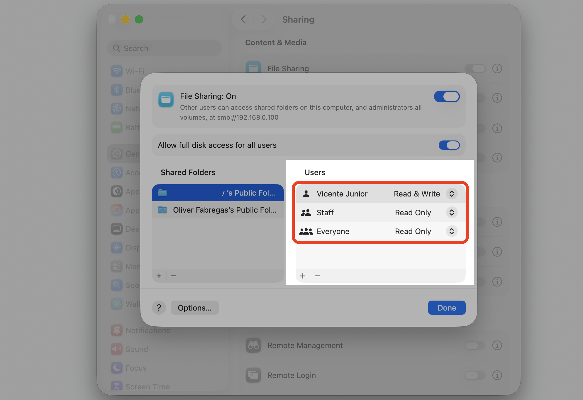 The File Sharing Users list on an Apple computer, where you choose who can connect and set each person's file sharing permission level.