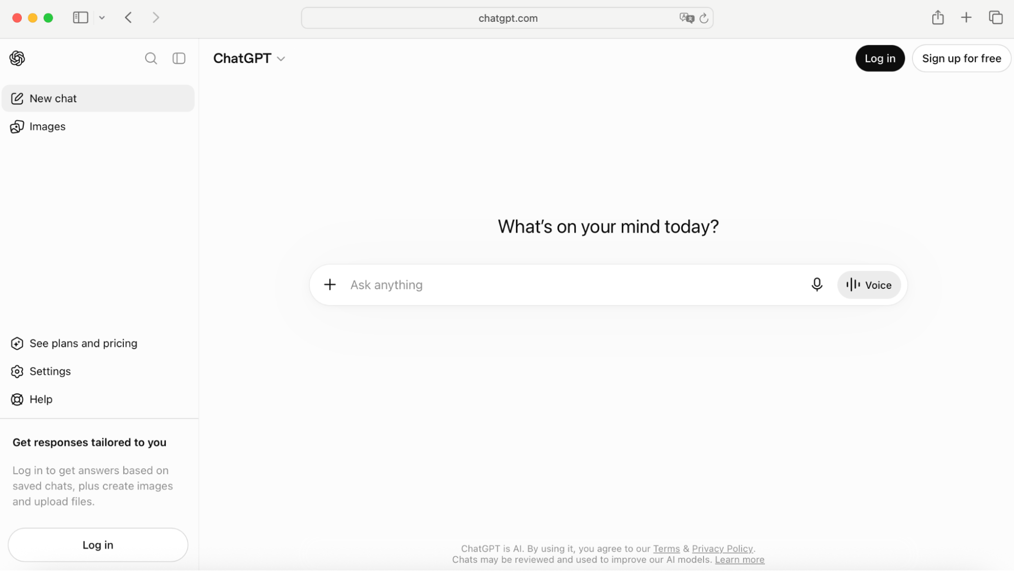 Open chatgpt.com in Safari on your Mac, sign in to your account, then type a prompt into the message box and press Return to get a response.