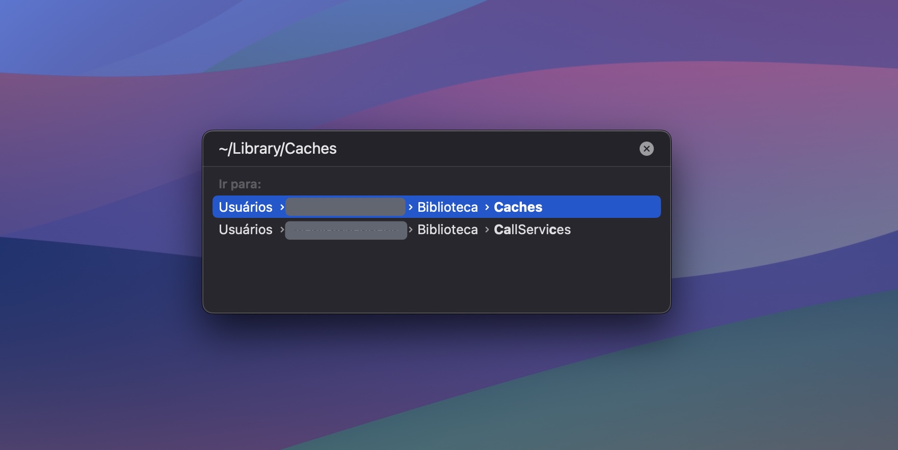 Digite ~/Library/Caches na caixa de texto e clique em Ir. Isso abrirá a pasta Caches, onde você pode limpar o cache no seu Mac.