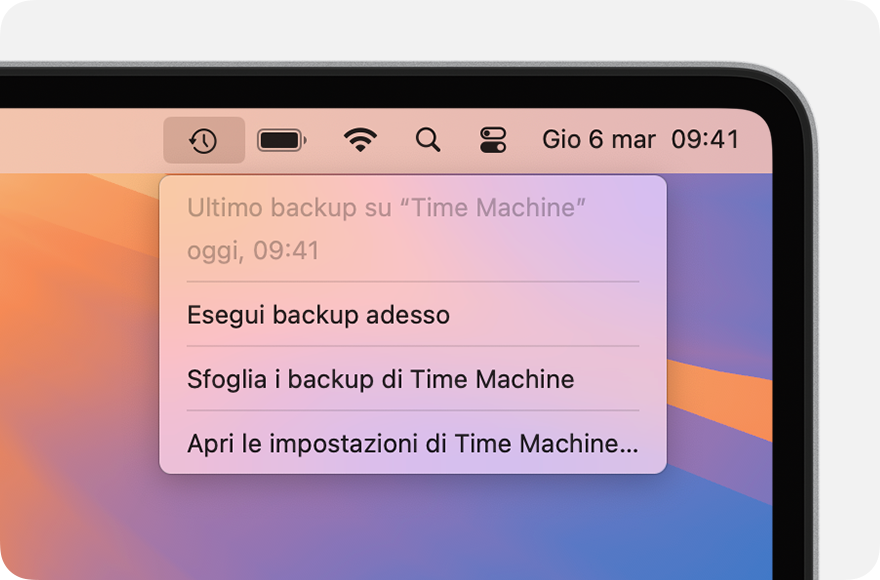 Puoi anche avviare un backup di Time Machine cliccando sull'icona nella barra dei menu del tuo Mac e selezionando Esegui backup adesso.