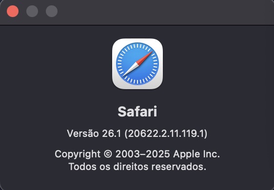 A versão do seu navegador Safari deve estar visível após você clicar em Sobre o Safari.