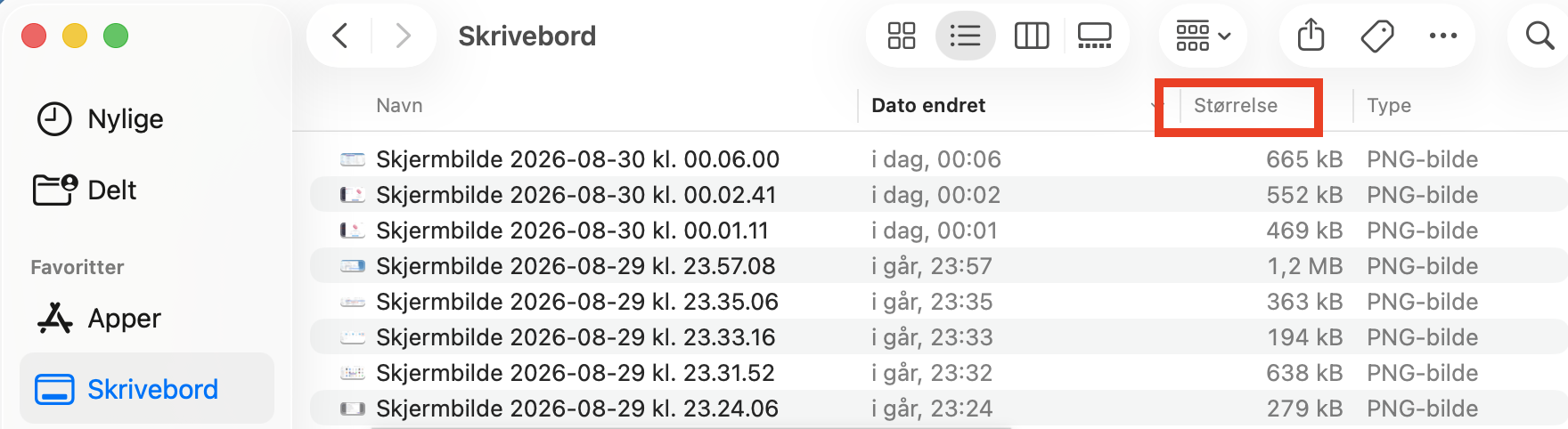 Mappen Skrivebord i Finder på Mac med alle filer sortert etter størrelse. Slett store filer du ikke trenger, for å frigjøre diskplass på Mac.