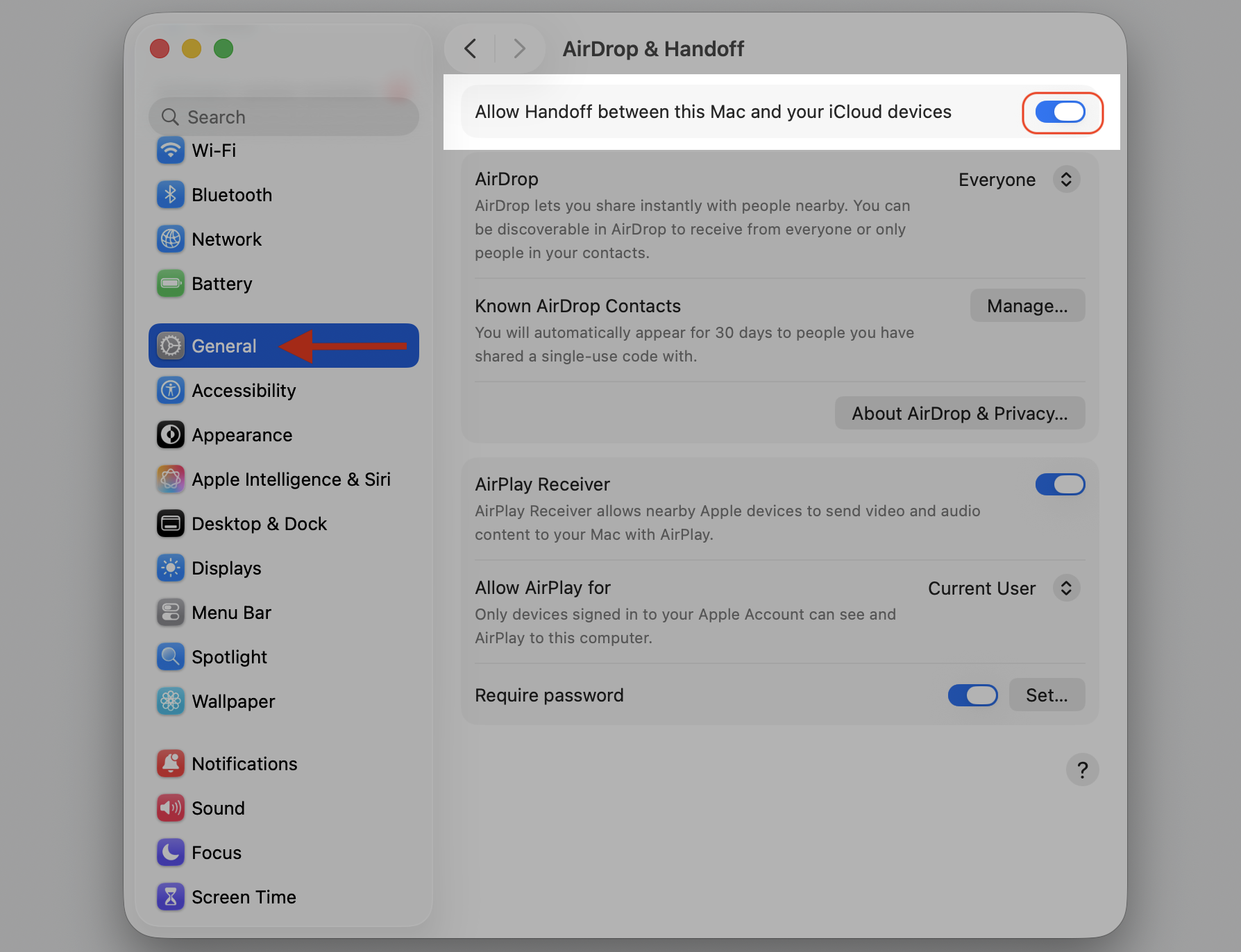 macOS System Settings General pane on a MacBook showing AirDrop & Handoff, where you toggle Handoff off to lower bluetoothd CPU usage.